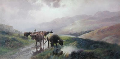 Highland Cattle at a Moorland Pond by Loch Maree, Evening; and A Highland Drove (pair)