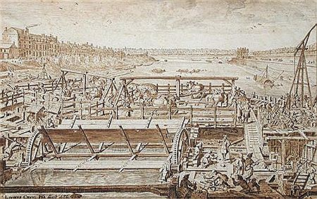 A view in Paris on the River Seine with the construction of the Pont Royal, on the right, the Quai and the Gardens of the Tuileries