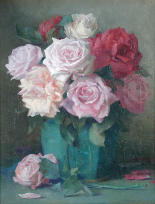 Study of pink and mauve roses in an oriental green ginger jar by Fred Spencer - Auction record, sale price, and art valuation. Compare with similar artists and explore comparable artworks.