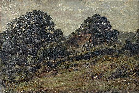 A Walker conversing with a Woman by a Country Cottage