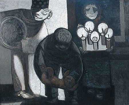 Attenders - Mother with baby betwixt light and darkness - good and evil