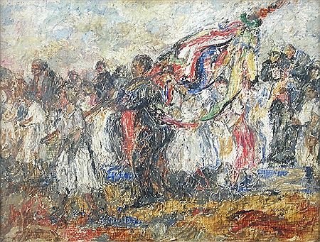 Figures carrying a large flag
