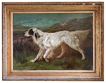 Portrait of Dash, FT Ch. Dash II (KCSB 4039), an English Setter, with another setter behind him, flushing grouse on moorland, with sportsmen behind (4)
