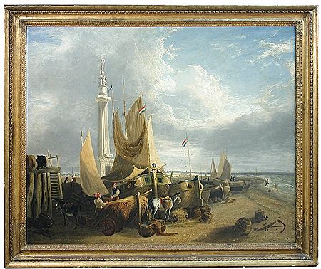 Fisher folk and Dutch vessels on Yarmouth beach, beneath the Trafalgar Monument