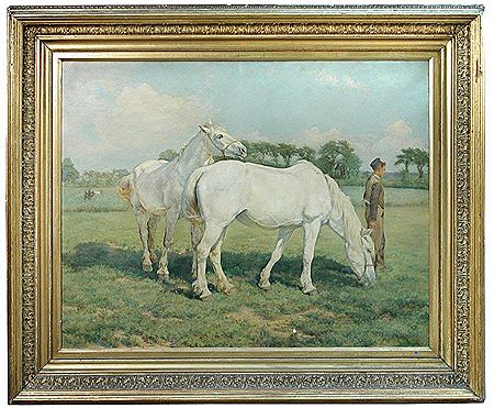 A horseman leading two grey cobs in a meadow