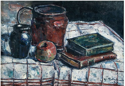 Nature morte aux livres sur une nappe à carreaux