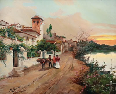 Escena de pueblo con vendedor
