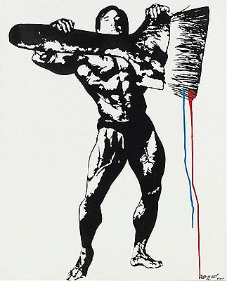 Portrait of Blek Le Rat: Self Portrait as a body builder holding a giant paint brush, 2007