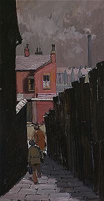 Two figures descending a ginnel to a back street