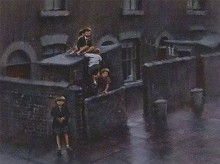 Children playing behind terraced houses
