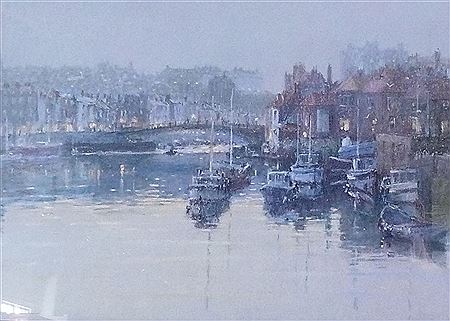 `Whitby`, harbour scene by evening light