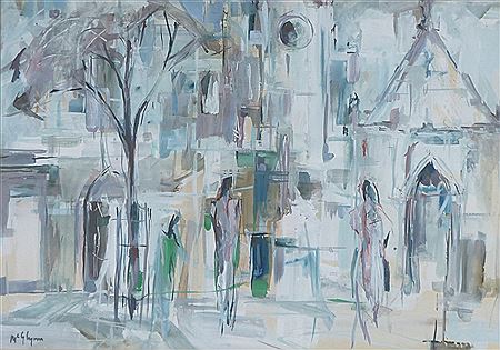 Figures and tree in a square with church buildings by Terry McGlynn - Auction record, sale price, and art valuation. Compare with similar artists and explore comparable artworks.