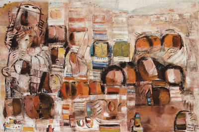Wedding in The Kalamoon Mountains, Syria by Fateh Moudarres - Auction record, sale price, and art valuation. Compare with similar artists and explore comparable artworks.