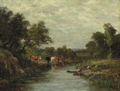 Cows Watering by Figures in a Canoe