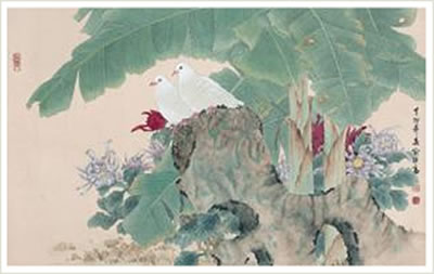 TWO PIGEONS AND BANANA TREE by JiGao Yu - Auction record, sale price, and art valuation. Compare with similar artists and explore comparable artworks.