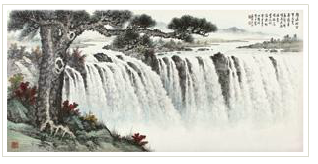 GRAND PINE AND RUNNING WATERFALL