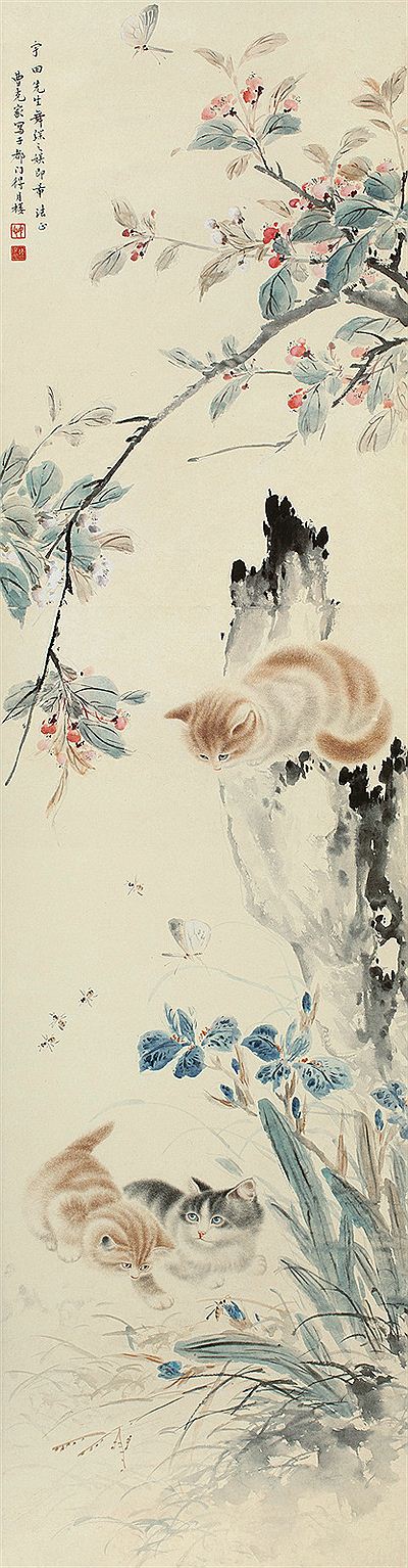 CAT, BUTTERFLY AND FLOWERS