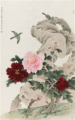 PEONY, BIRDS AND ROCK