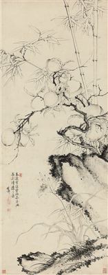PEACH, BAMBOO AND ROCK