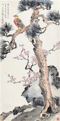 PINE TREE, ROCK, PLUM BLOSSOM AND BIRD