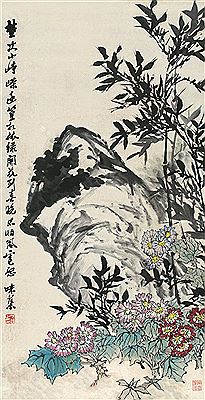 BAMBOO FLOWERS AND ROCK