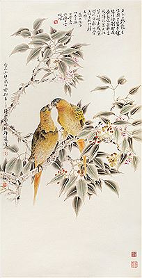 PARROTS AND PEACH BLOSSOMS by Ruyu Guo - Auction record, sale price, and art valuation. Compare with similar artists and explore comparable artworks.
