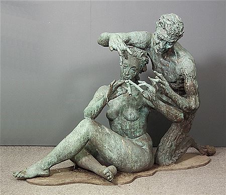 Pan teaching a woman how to play the pipes by Colin Colahan - Auction record, sale price, and art valuation. Compare with similar artists and explore comparable artworks.