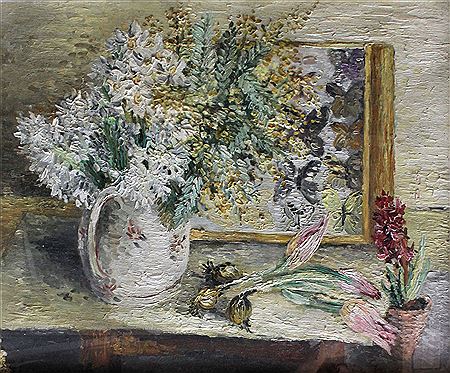 Still life with ""Narcissi and Mimosa"" by Basil Jonzen - Auction record, sale price, and art valuation. Compare with similar artists and explore comparable artworks.