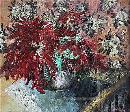 Still life with bowl of red and white flowers