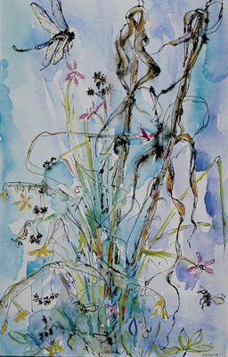 SPRING GRASS, FLOWERS AND DRAGONFLY