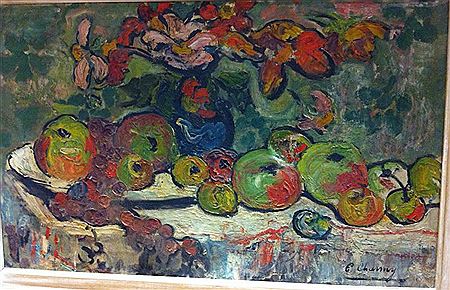 Fleurs et fruits sur un entablement, circa 1910