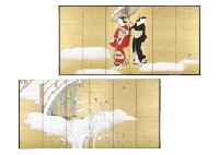 Morning after snowing(a pair of byobu)