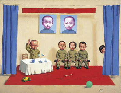 Sample artwork by Zhigang Tang (Born 1959), known for child figure allegory, social commentary paintings - View similar artists and auction records