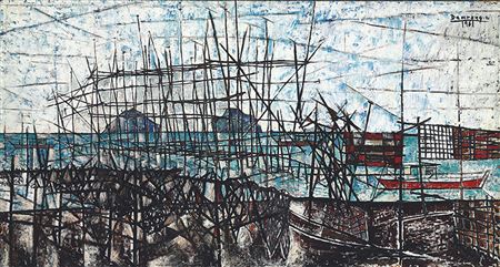 Shore Scene with Boats, Rocks and Scaffold-Like Poles