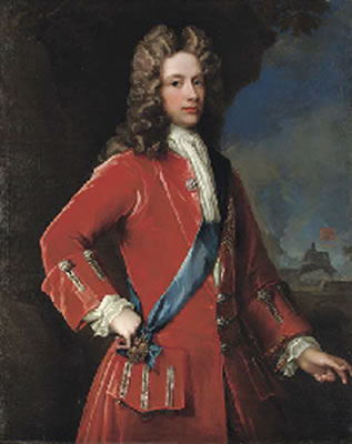 Portrait of John, 2nd Duke of Argyll and 1st Duke of Greenwich (1680-1743), three-quarter-length, in a red coat with silver braid, wearing the sash and star of the Garter, a coastal fortress beyond