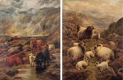 Highland cattle watering; and Sheep by a loch (pair) by Robert Watson - Auction record, sale price, and art valuation. Compare with similar artists and explore comparable artworks.