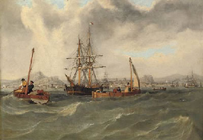 View of Edinburgh looking south from the Firth of Forth, with shipping in the foreground