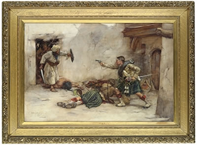 Drummer James Roddick of the 92nd Gordon Highlanders, defending Lieutenant Menzies in Kandahar, 1880 by William Skeoch Cumming - Auction record, sale price, and art valuation. Compare with similar artists and explore comparable artworks.