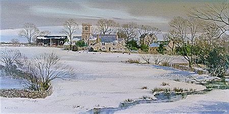 A winter landscape with church