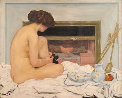 Jeune femme nue devant la cheminée