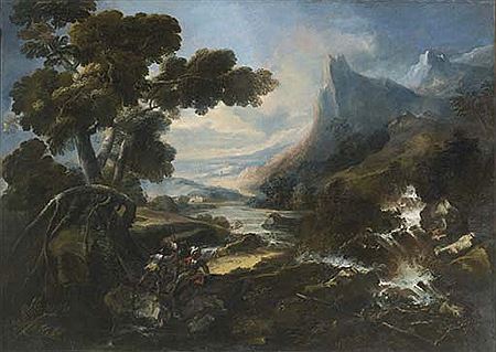 Paesaggio fluviale con soldati in lontananza