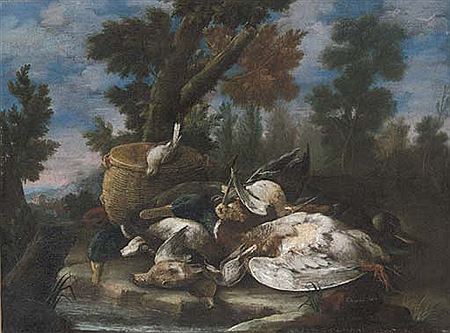 Cacciagione di penna presso un ruscello