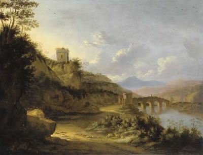 Paesaggio fluviale con un ponte fortificato e un mausoleo