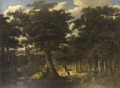Paesaggio boscoso con viandanti con castello in lontananza
