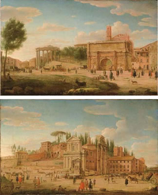 Roma, Veduta del Foro Romano con l'arco di Settimio Severo e la torre del Campidoglio; Roma, Veduta del Foro Boario verso S. Maria Liberatrice (2)