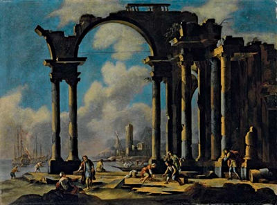 Capriccio architettonico con astanti presso un porto