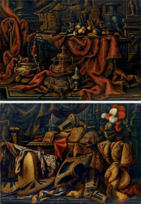 Sample artwork by Antonio Tibaldi (1635 - 1675), known for complex compositions with elegant carpets, draperies, silverware, still lifes of flowers, musical instruments, and precious objects. - View similar artists and auction records