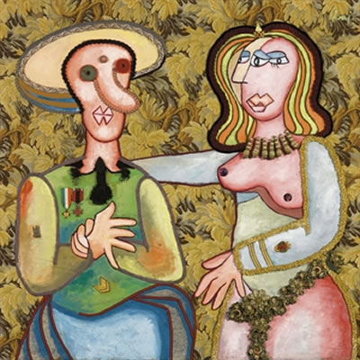 I coniugi Arnolfini (La coppia) by Enrico Baj - Auction record, sale price, and art valuation. Compare with similar artists and explore comparable artworks.