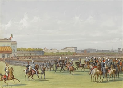 Coppia di vedute del Foro Bonaparte con parate militari
