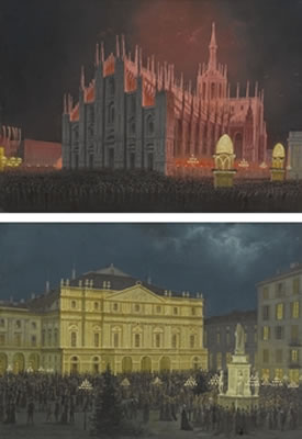 Vedute notturne di Piazza del Duomo e Piazza della Scala, Milano
